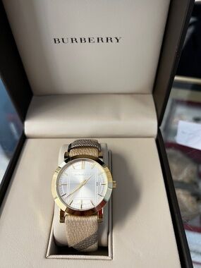 Burberry Gold and Beige Check Leather Strap Watch